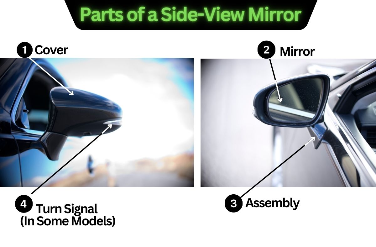 Graphic showing the different parts of a side-view mirror that can be changed or repaired.