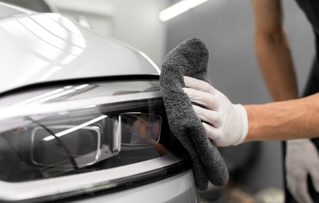Closeup of person cleaning headlights illustrates blog "4 Reasons Why You Should Never Ignore the Damage on Your Vehicle"